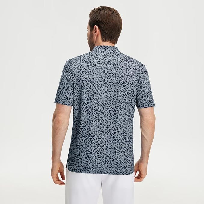 M MAELREG Golf Shirts for Men Collarless Performance Dry Fit Stretch Henley Casual Printed Mens Polo Shirts Short Sleeve