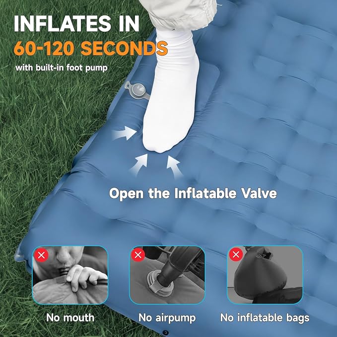 Camping Sleeping Pad, 6" Extra Thick Sleeping Mat with Pillow Built-in Foot Pump, 32.7" Extra Wide Inflatable Sleeping Pads Compact for Camping Backpacking Hiking Traveling Tent (Blue)
