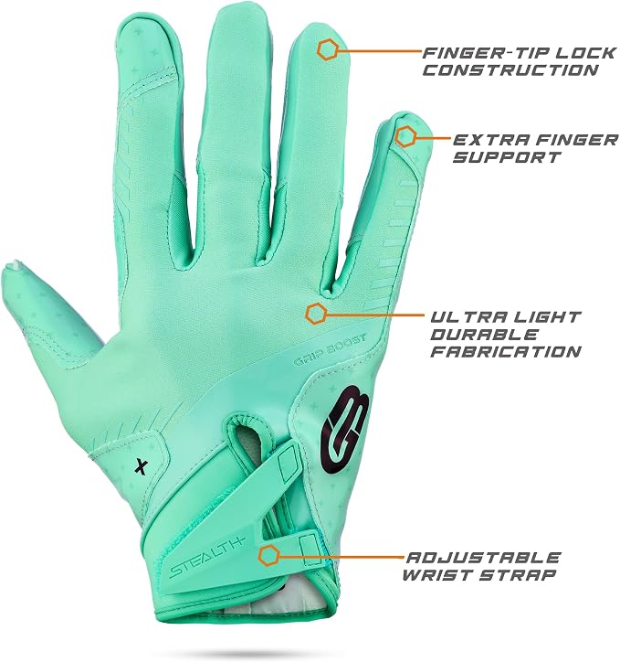 Grip Boost Football Gloves - Solid Stealth 6.0 Boost Plus Sticky Technology - Adult and Youth Football Gloves for Wide Receiver - Men's and Boys Sizes