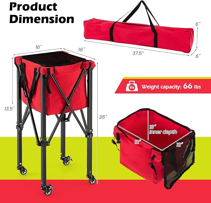 Tennis Ball Hopper Cart with Wheels, Portable Tennis Ball Basket Holds 150 Balls, Collapsible Aluminum Tennis Basket for Balls Pickup, Pro Sports Teaching Cart for Tennis Pickleball Baseball