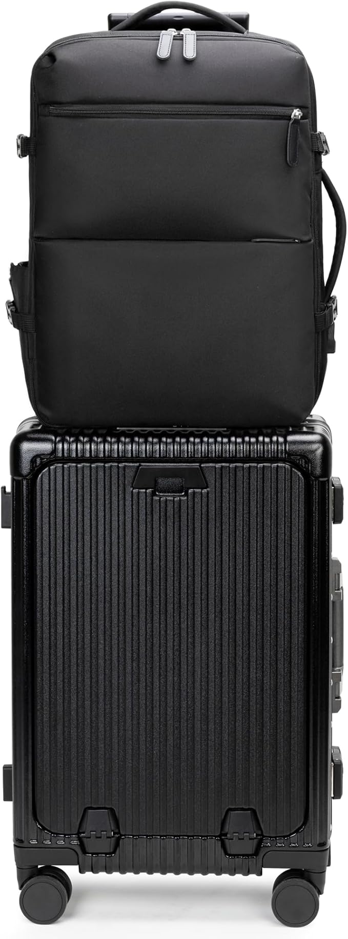 feilario 2 Piece Set Aluminium Frame PC Hard Shell Spinner Wheels Luggage,20.8"X15"X8.7 Airline Approved Built-In TSA lock Carry on Suitcase, with Cup Holder, USB Port, Phone Holder