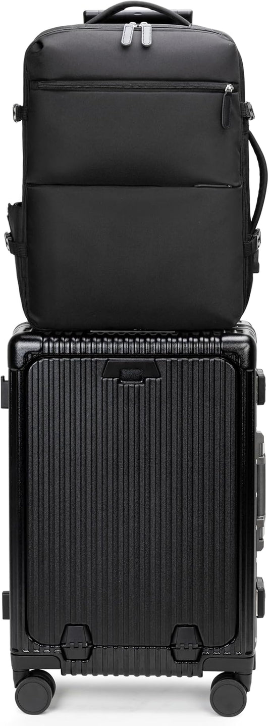 feilario 2 Piece Set Aluminium Frame PC Hard Shell Spinner Wheels Luggage,20.8"X15"X8.7 Airline Approved Built-In TSA lock Carry on Suitcase, with Cup Holder, USB Port, Phone Holder