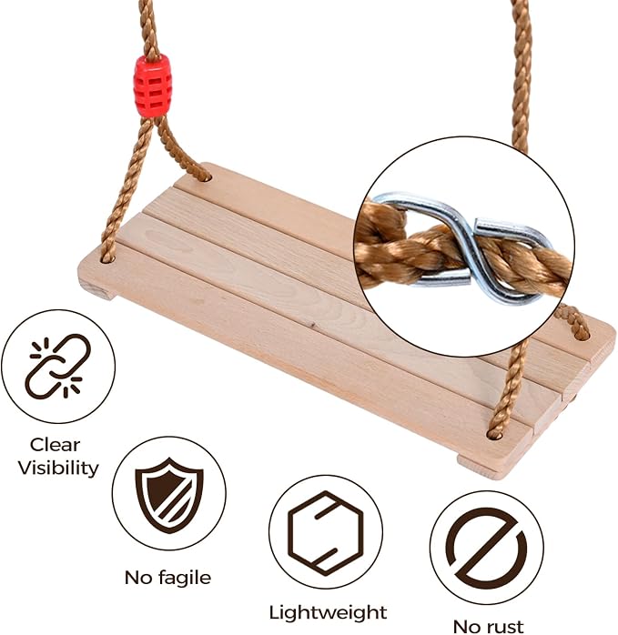Solid Beech Wood Swing Seat - 16.4"x7.5"x0.6" Adjustable Rope Tree Swing Set, Heavy Duty Hanging Chair for Backyard, Garden, Playroom Indoor/Outdoor Use