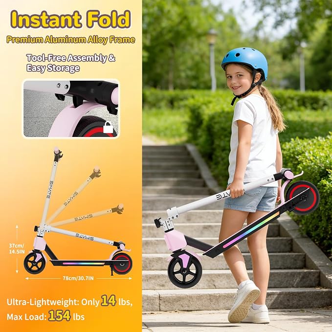 SIMATE Electric Scooter for Kids 6-14, Colorful Lights & Double Brake System, Aluminum Alloy Frame, Foldable, LED Display, for Boys Girls