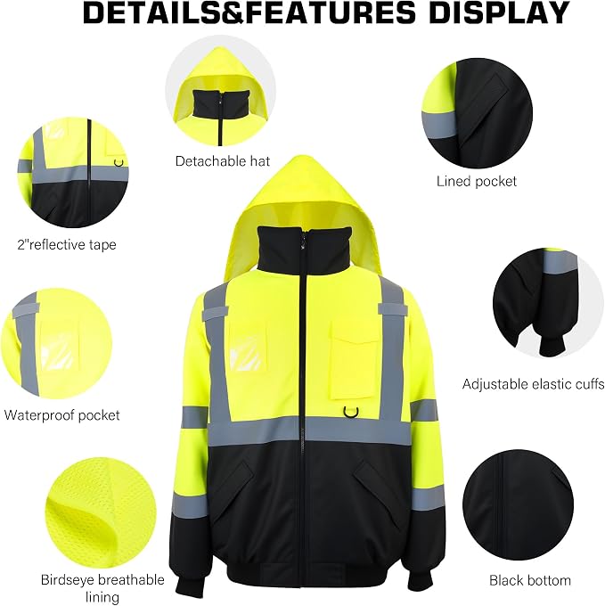 PAFESTER High Visibility Reflective Safety Jackets for men 300D Oxford 100% Waterproof Thermal Rain Coats for Cold Weather