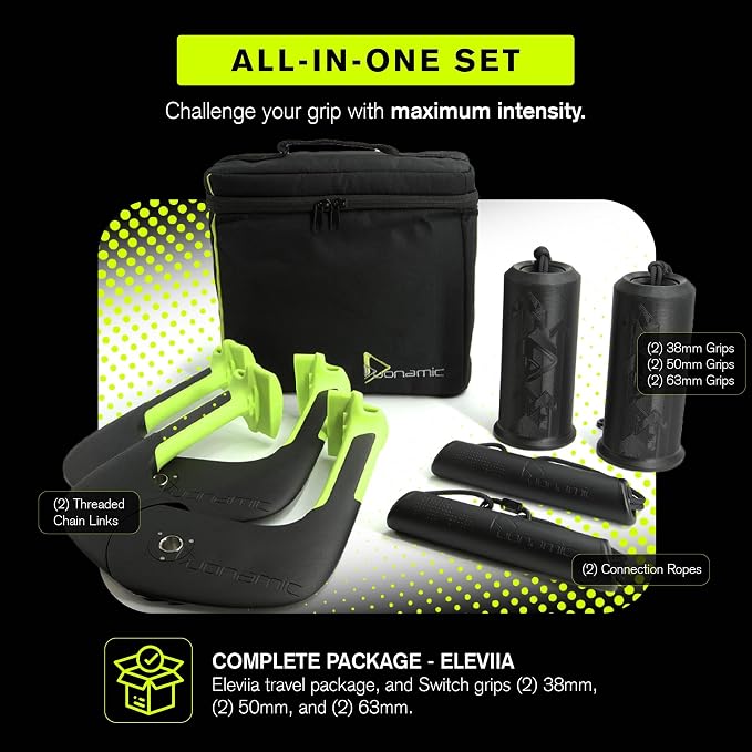 Duonamic Ultimate Switch Grips Package | Complete Grip Strength Training System with Eleviia Handles, Travel Bag & 3 Sizes of Switch Grips | Ideal for Pull-Up Bars, Cable Machines & Resistance Bands | Train Anywhere