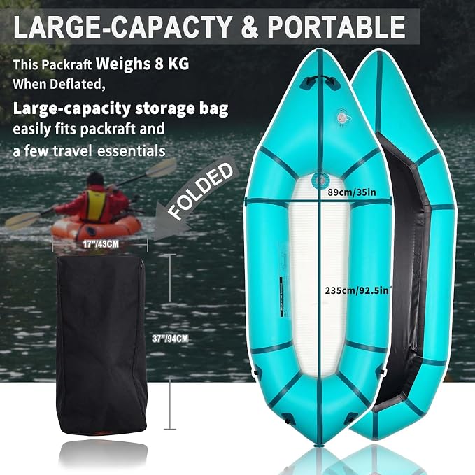 PVC Packrafts,1 Person Packraft for Flat Water Rafting Camping Trip/Fishing/Water Adventures, Travel Kayak with Two-Way Manual Pump, 300lb Weight Capacity