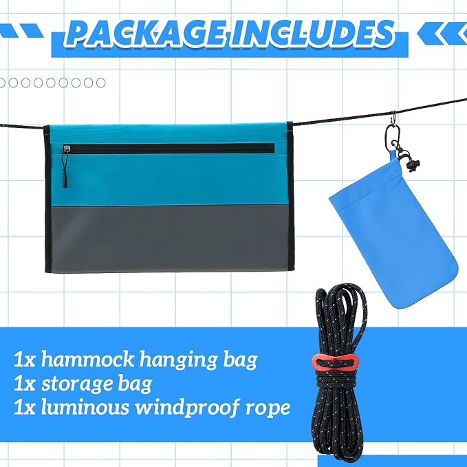 Hammock Ridgeline Organizer Hammock Storage Bag with Cord Hanging Dangling Pouch for Water Bottles Phone Flashlight Sunglasses Wallet Camping Backpacking Travel Hiking Climbing Accessories