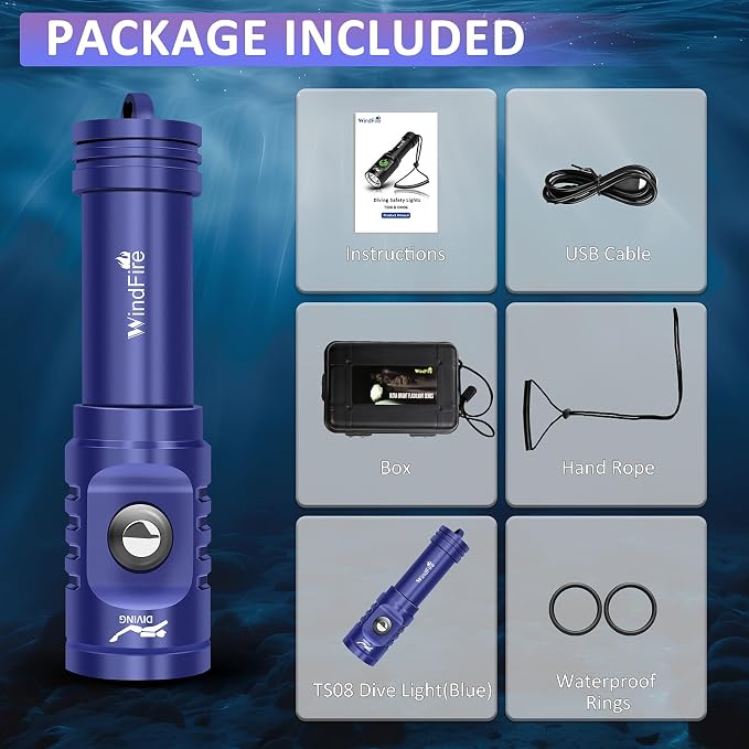 WINDFIRE TS08 Scuba Diving Flashlight, Super Bright Dive Light Rechargeable, 3 Modes Underwater Flashlight, 192 ft Depth IP68 Waterproof Aluminum Torch for Snorkeling, Caving (Blue)