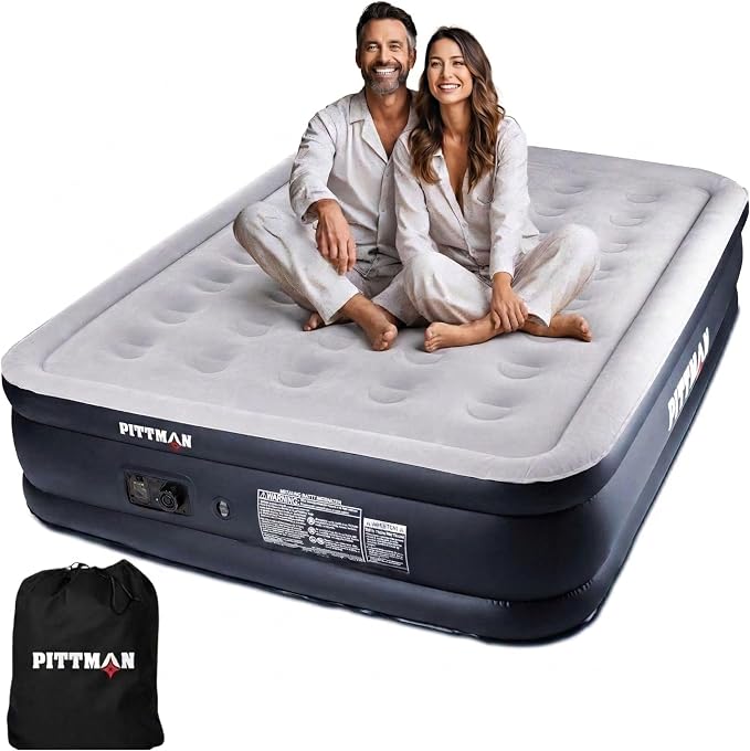 Pittman Outdoors Queen Air Mattress – 18” Black Double High, Queen Air Mattress with Built in Pump, 600lb Capacity, Portable Inflatable Bed with Carry Bag, Blow Up Mattress for Guests, Home & Travel