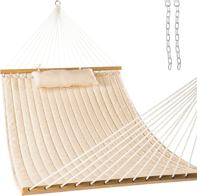 Lazy Daze Hammocks 12FT Quilted Fabric Double Hammock with Spreader Bars and Detachable Pillow, 2 Person Hammock for Outdoor Outside Patio Garden Yard Pool Beach (Linen)