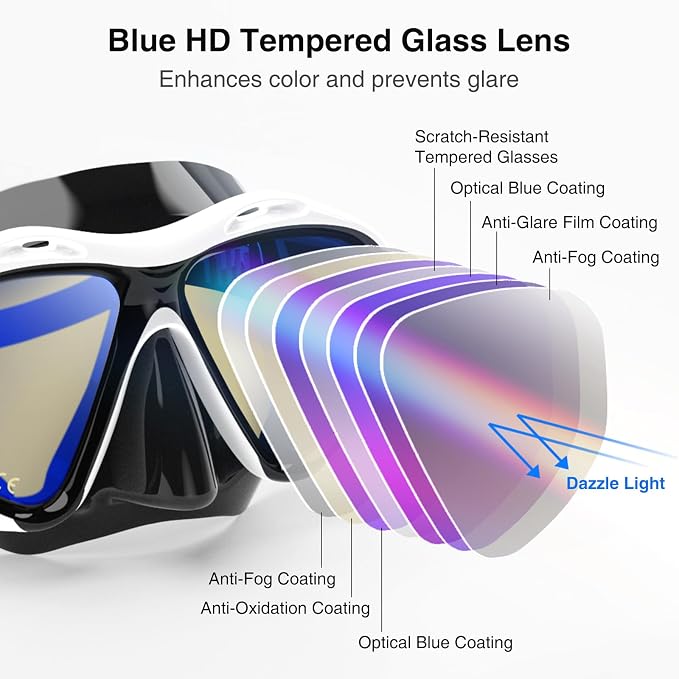 Snorkeling Gear for Adults, Snorkel Mask With Mirrored Tempered Glass Lens 180° Wide View Anti-Fog Scuba Diving Mask, Professional Snorkel Set for Swimming Diving, Gifts for Women Mom Men Dad