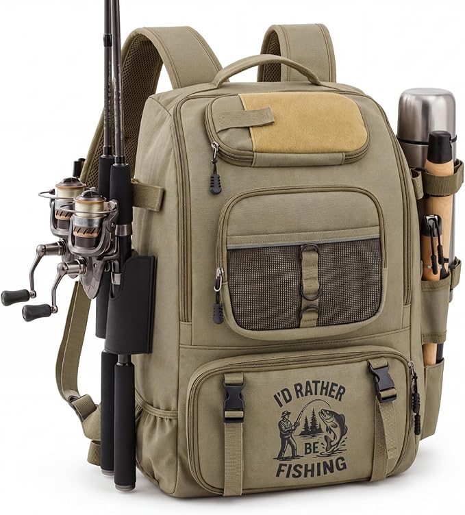 Fishing Tackle Backpack with Rod Holders, Gift for Fishermen Fishing Lovers, 40l Water Resistant Tackle Storage Bag with Adjustable Compartments, Large Capacity