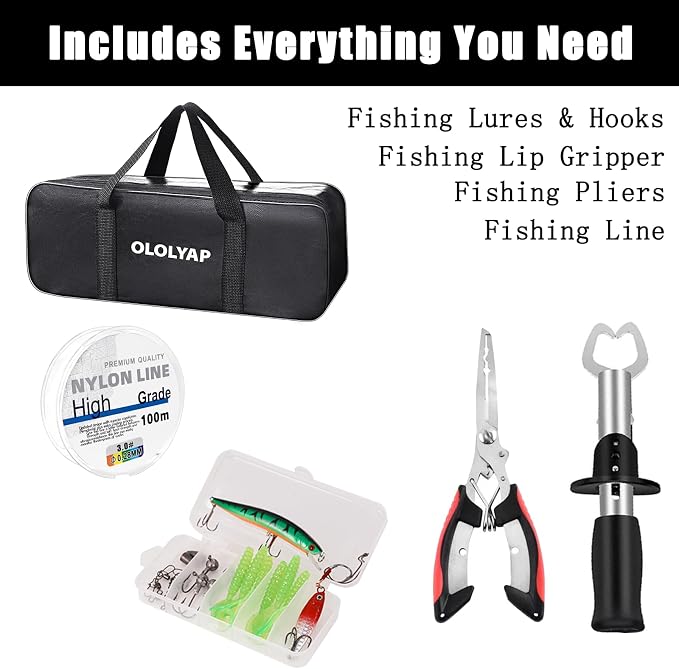 Fishing Pole Combo Set 6.9ft Telescopic Fishing Rod and Reel Combo with Fishing Pliers and Lip Gripper Collapsible Fishing Rod and Reel Kits for Bass Sea Saltwater Freshwater