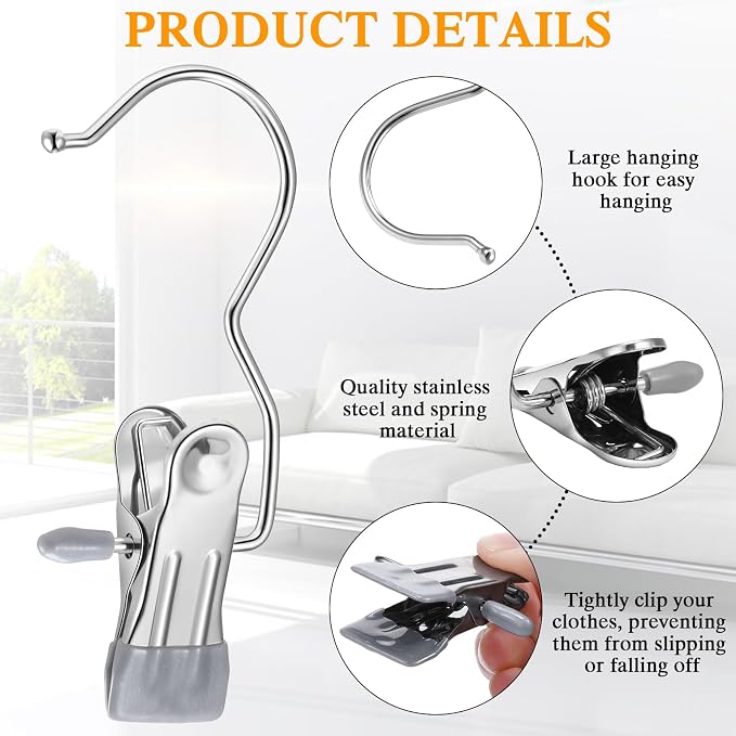 Yinder 150 Pcs Boot Hangers Clips Laundry Hooks Hanging Stainless Steel Clothes Pins Portable Clip Hangers for Closet Travel Socks Pants Handbags Hats Towels (Gray)