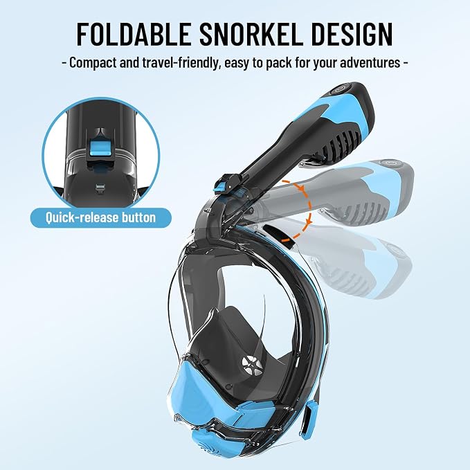 Electric Full Face Snorkel Mask for Adults, Fan-Assisted Airflow Snorkeling Gear, 180° Panoramic Anti-Fog View, Dry Top Leak-Resistant Design with Camera Mount for Beach Vacation