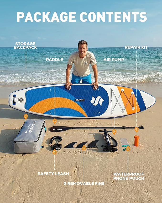 SOLAVERO Stand Up Paddle Board, 11‘ Inflatable SUP Supports 500LB - Wide Stable Board with Non-Slip EVA Deck for Adults & Youth of All Skill Levels