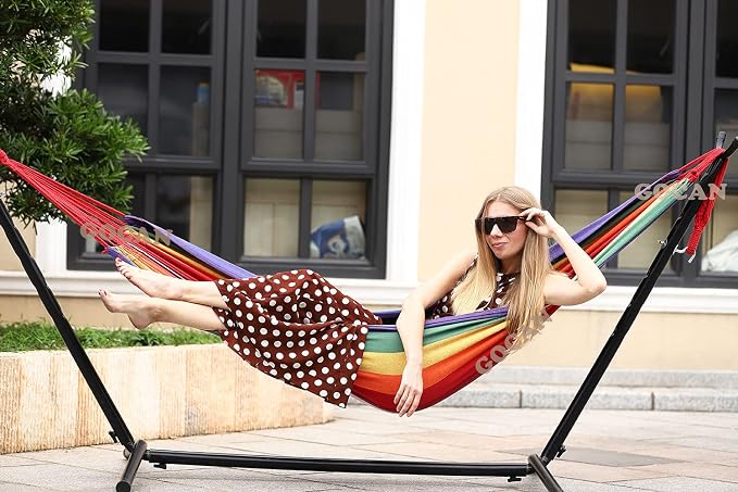 GOCAN Brazilian Single Hammock 1 Person Canvas 200X100cm Total Length 310cm Load 250kg Cotton Hammock for Garden Backyard Outdoor and Indoor