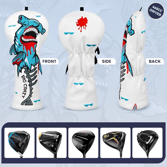 Big Crazy Golf Head Covers, Golf Club Covers Funny, Driver Headcovers, Golf Club Covers, Fairway Woods Head Covers, Hybrids Headcover, Putter Cover with Soft Lining for Golf Gift Hammerhead Sharks