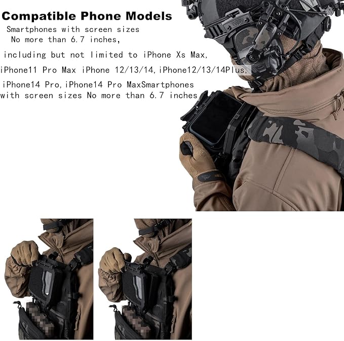 Universal Tactical Phone Mount for Plate Carrier, Hands-Free Chest Holder Compatible with All iPhone & Android (4.7-6.6 Inch Screen) (Black)