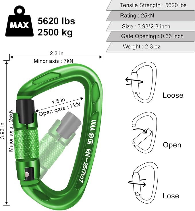 UIAA Certified Professional Heavy Duty Large Locking Carabiner Clips Climbing Carabiner 25kN Auto Locking Carabiner for Rock/Ice Climbing Rappelling Rescue Swing etc, D Shaped