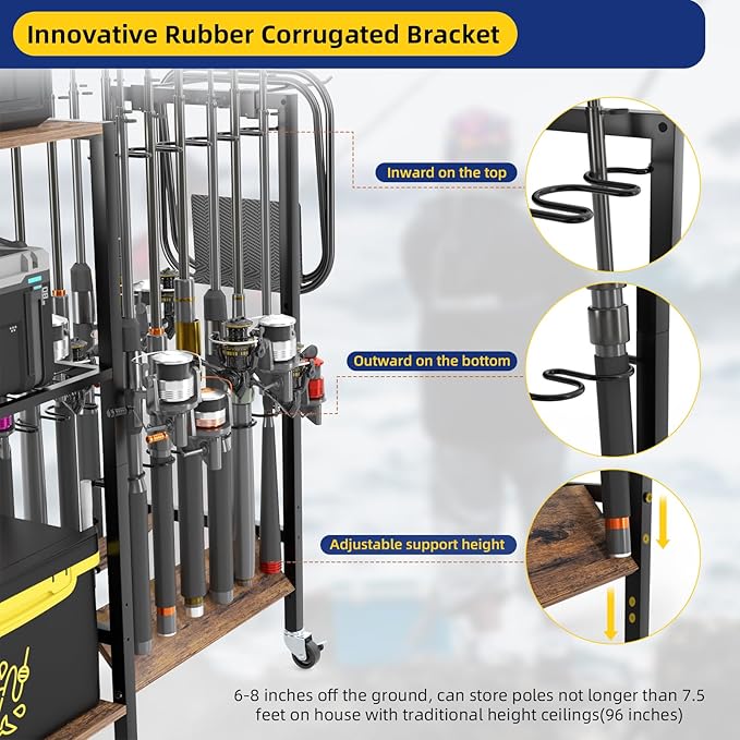 Fishing Rod Holders, Fishing Pole Holders, Fishing Gear Tackle Cart, Fishing Equipment Organizers for Garage, Fits Most Rods of 1.57" (40mm) Diameter, hold up to 12 Rods or Combos