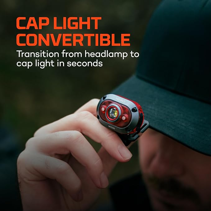 NEBO MYCRO 450 Headlamp | 450 Lumens, 6 Light Modes, White Red & Green Light, USB-C Rechargeable, Water Resistant, Adjustable Strap, Cap Light Convertible, Bright Light for Camping & Hiking – Red