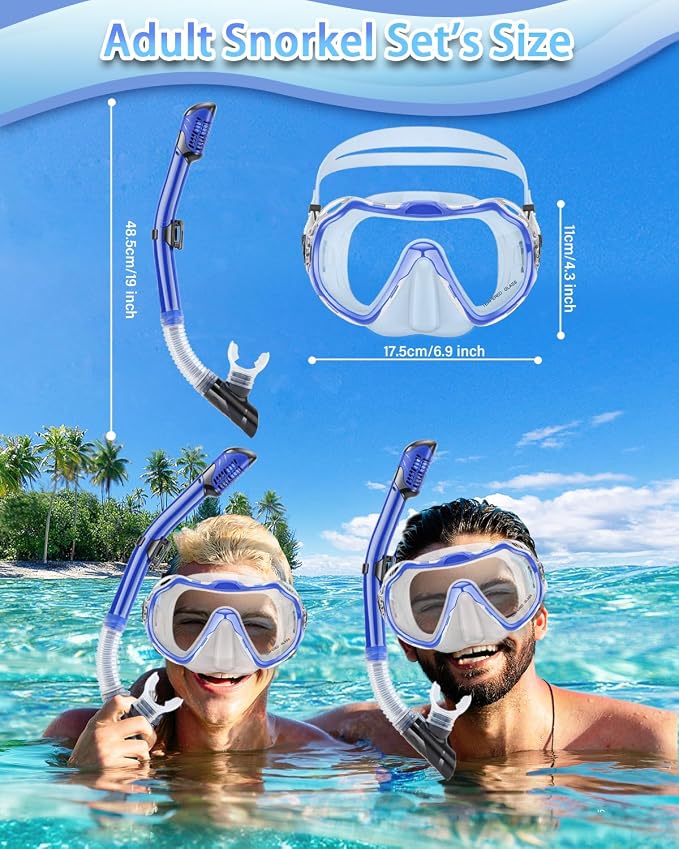 Snorkeling Gear for Adults, Adult Snorkel Set with Panoramic Anti-Leak and Anti-Fog Tempered Glass Snorkel Mask, Dry Top Snorkel, Snorkle Mask Set Adult with Mesh Bag Ear Plug for Snorkeling