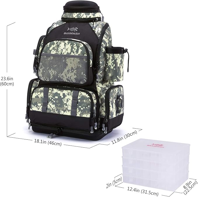 BASSDASH Fishing Tackle Backpack Water Resistant Tactical Bag Soft Tackle Box with Rod Holder and Protective Rain Cover