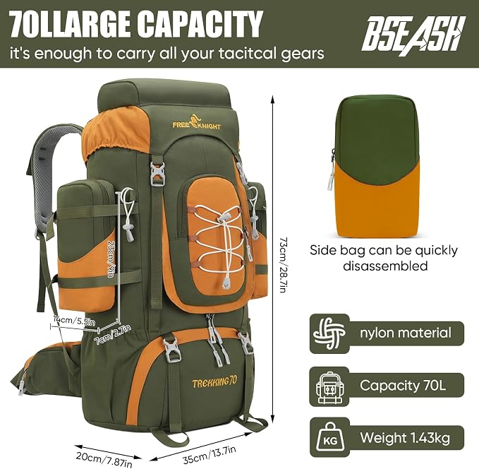 Bseash 70L (65+5) Waterproof Hiking Camping Backpack with Rain Cover, Outdoor Sport Travel Daypack for Climbing Touring (Army Green)