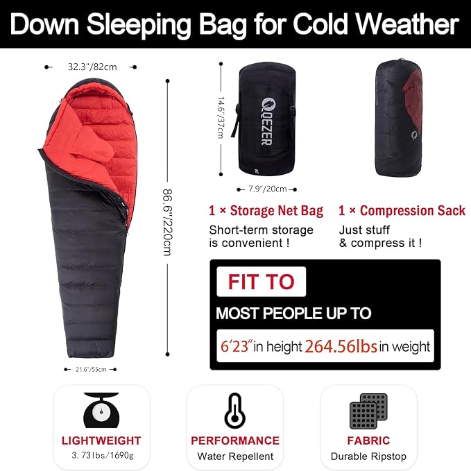 Ultralight Down Sleeping Bag for Adults with 600 Fill Power, Compact All Seasons Sleeping Bag for Backpacking, Hiking and Camping