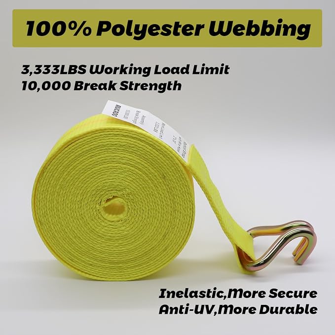 2 Inch x 30 Ft Ratchet Straps Heavy Duty 4 Pack, 10,000 lbs Breaking Strength, Tie Down Straps Ratchet with Double J Hooks, Cargo Ratchet Straps for Trailer, Truck, ATV, Cargo, Yellow