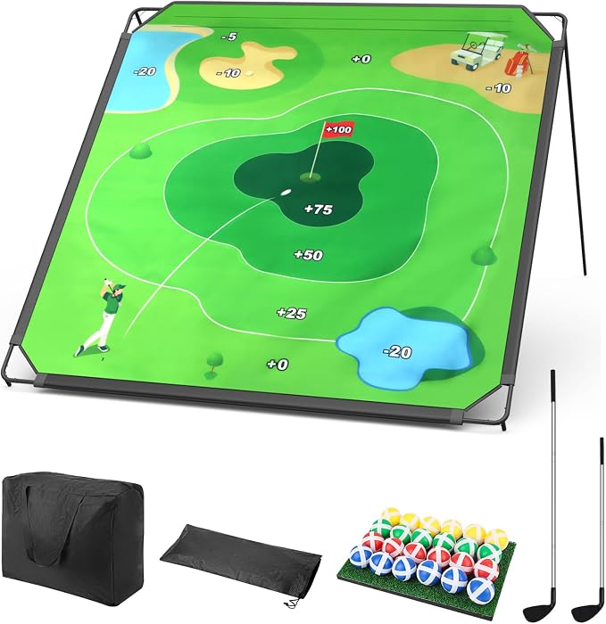 BaiYuan Portable Golf Chipping Game Set for Dads & Junior Golfers - Indoor, Outdoor Backyard & Lawn Fun with 24 Sticky Balls, Putting Mat, 2 Putter & Carry Bag - Easy Setup Family Golf Gifts