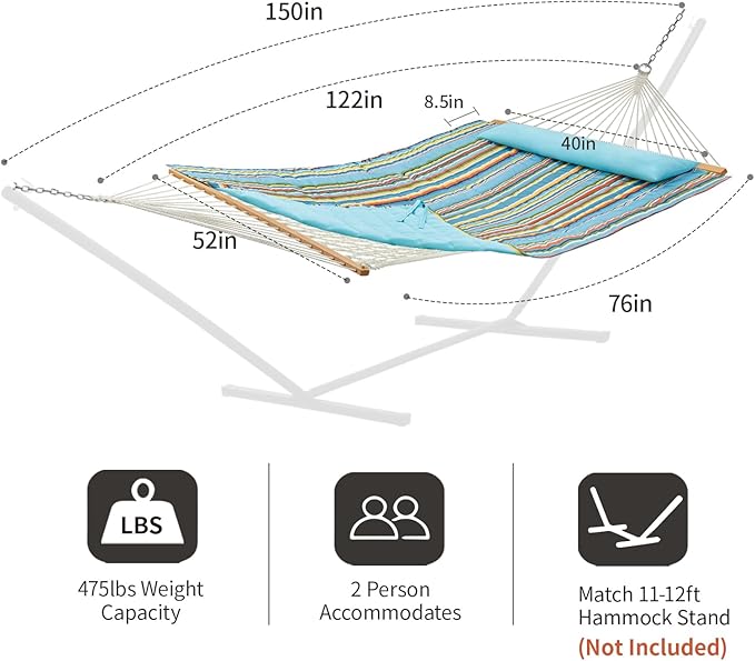 CHULIM Outdoor Double Hammock with Hardwood Spreader Bars, Large Rope Hammock with Polyester Pad and Pillow, 475 LBS Capacity for 2 Person Patio Backyard Poolside - Bule Stripe