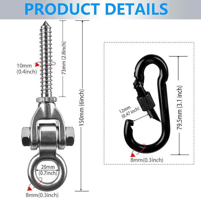 2-Pack Heavy Duty Swing Hangers with Bearings- 304 Stainless Steel Swing Hooks Set Brackets with 2 Oval Hooks,1500LB Capacity for Porch Swings, Hanging Chairs, Punching Bags, Gym Equipment