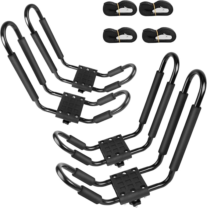Leader Accessories Kayak Rack 2 Pair J Bar for Canoe Surf Board SUP On Roof Top Mount Crossbar with 4 pcs Tie Down Straps
