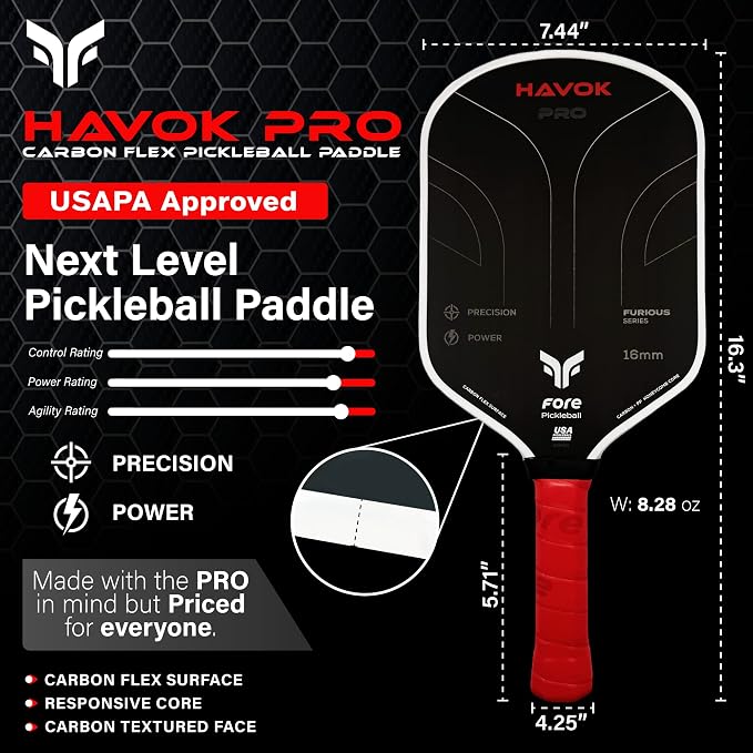Havok Pro Pickleball Paddle: Carbon Fiber Surface for Enhanced Power, Precision and Maximum Spin - Large Sweet Spot and USAPA Approved