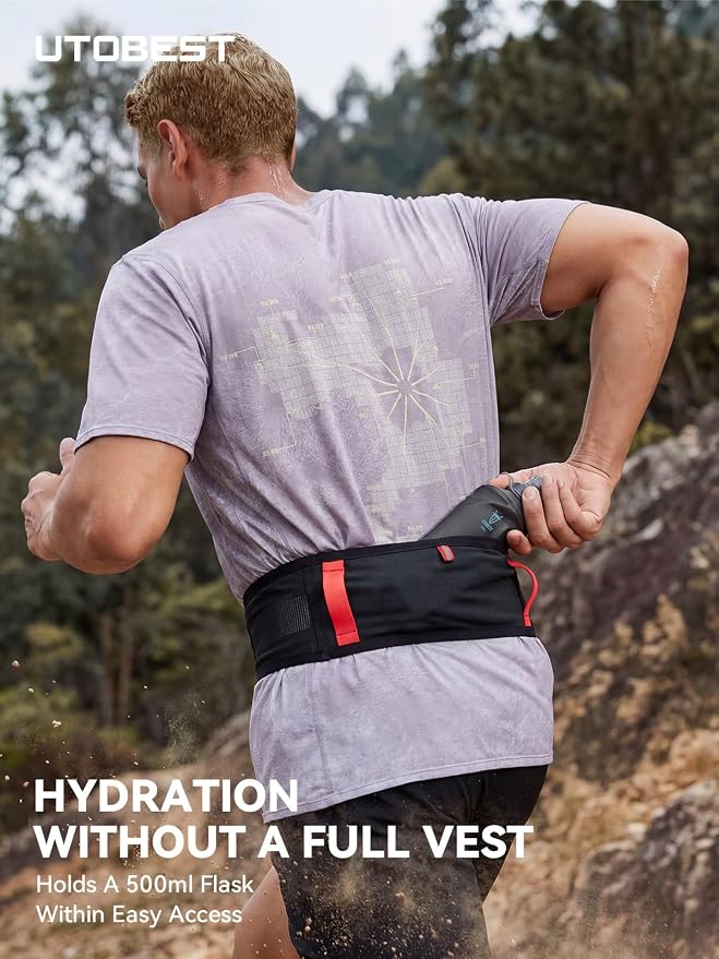 UTOBEST Running Belt for Men & Women, Bounce-Free Running Waist Pack Fits All Phones, 4-Pocket No Zipper Trail Running Belt Fits 500ml Soft Flask, Pole Carry Straps for Race, Trail (B7 Pro-Black, XL)