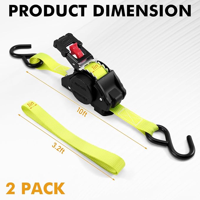 LEVELEVE Retractable Ratchet Tie Down Straps (1" x 10FT, 2-Pack, Yellow) - Heavy Duty 1760LBS Break Strength Quick-Lock, Weather Resistant for Moving, Cargo, Trucks & Boats