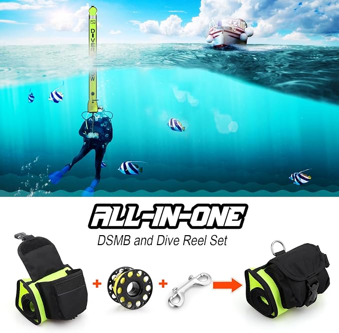 Surface Marker Buoy Scuba with Reel, 5ft High Visibility Diving Open Bottom Signal Tube Safety Sausage with Pouch Bag, 100ft ABS Dive Reel and Steel Double-Ended Bolt Snap (Hi-Vi Yellow)