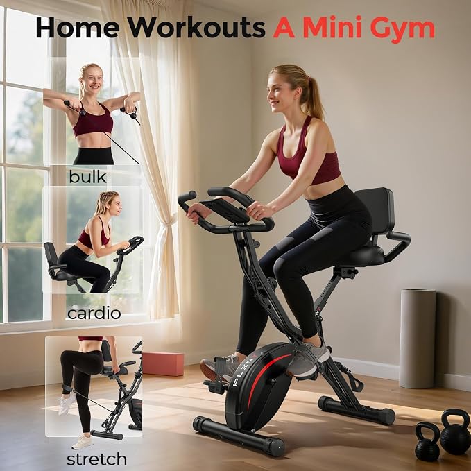 Pleny Folding Exercise Bike, 5 IN 1 Stationary Bikes for Home 6.6 LBS Flywheel, 330LB Weight Capacity Back Support Cushion Indoor Workout Cycling Bike for Home Gym