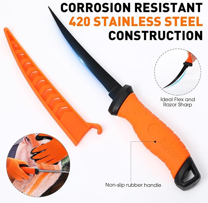 RoundFunny 10 Pcs Fishing Tool Kit, Fishing Pliers with Lanyard and Protective Sheaths, Landing Net, Fillet Knife, Fish Scale, Gripper, Hook Remover, Braid Scissors, Gloves for Men Dad Gift