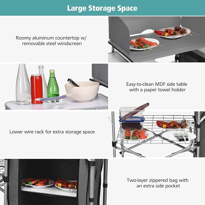 Tangkula Folding Camping Kitchen Table, Aluminum Portable Camping Grill Table with Windscreen, Cook Station, Outdoor Quick Set-up Camp Cook Table with Storage Organizer Shelves, Carry Bag