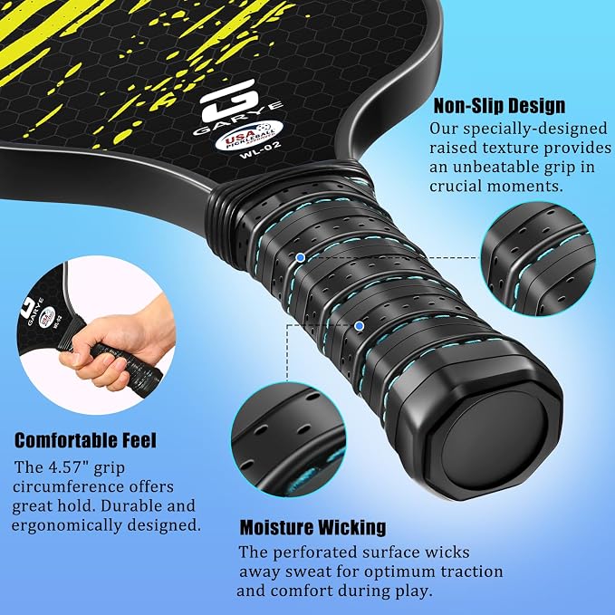 GARYE Pickleball Paddles Set of 4, Carbon Fiber Pickle Ball Paddle, USAPA Approved Lightweight Rackets 4 Pack for Adults and Teenagers, Includes 6 Balls, 1 Bag, and 4 Grip Tapes