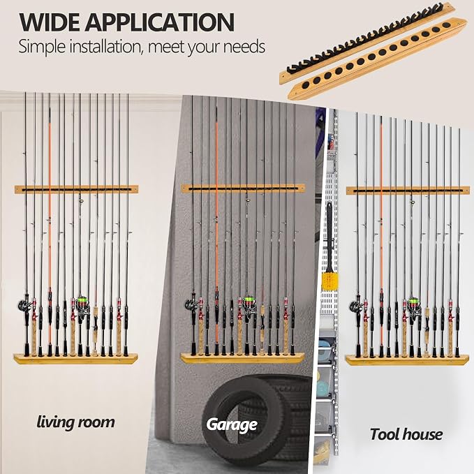 THKFISH Fishing Rod Racks Fishing Rod Holders for Garage Wood Fishing Pole Wall Rack Store 14 Fishing Rod Combos,1 Pair