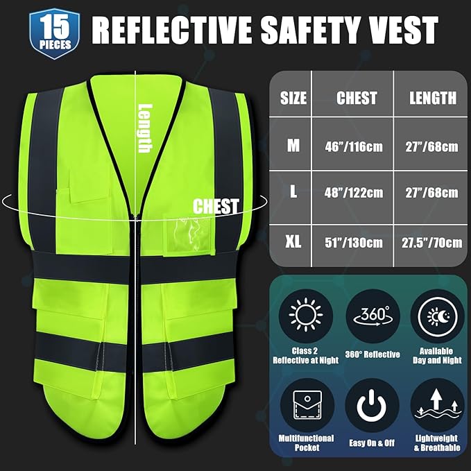 JaGely 15 Pack Reflective Safety Vests with Pockets and Zipper Construction Work High Visibility Vest for Men Women(X-Large,Fluorescent Green)