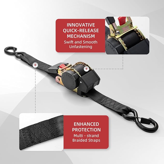 Auto Retractable Ratchet Tie-Down Straps 4500 lbs, 2in × 10ft Ratchet Straps, Heavy Duty S-Hooks, for Cargo, Trucks, Trailers, Blcak, 2 Pack, Damped Rewind
