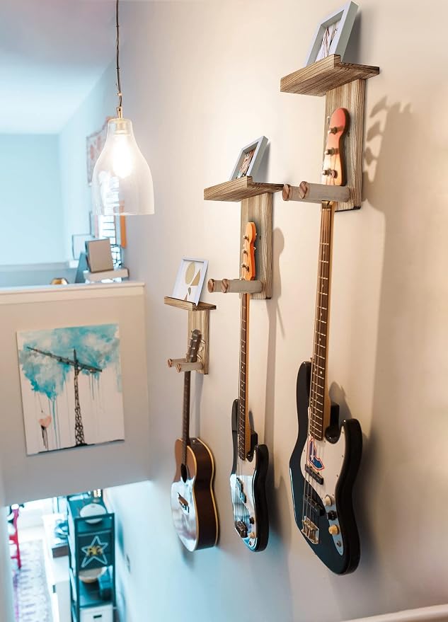 Keebofly 3-Pack Guitar Wall Mount Hangers - Rustic Wood Brown Guitar Stand with Pick Holder - Acoustic, Electric, Ukulele, Bass & Mandolin [Patented]