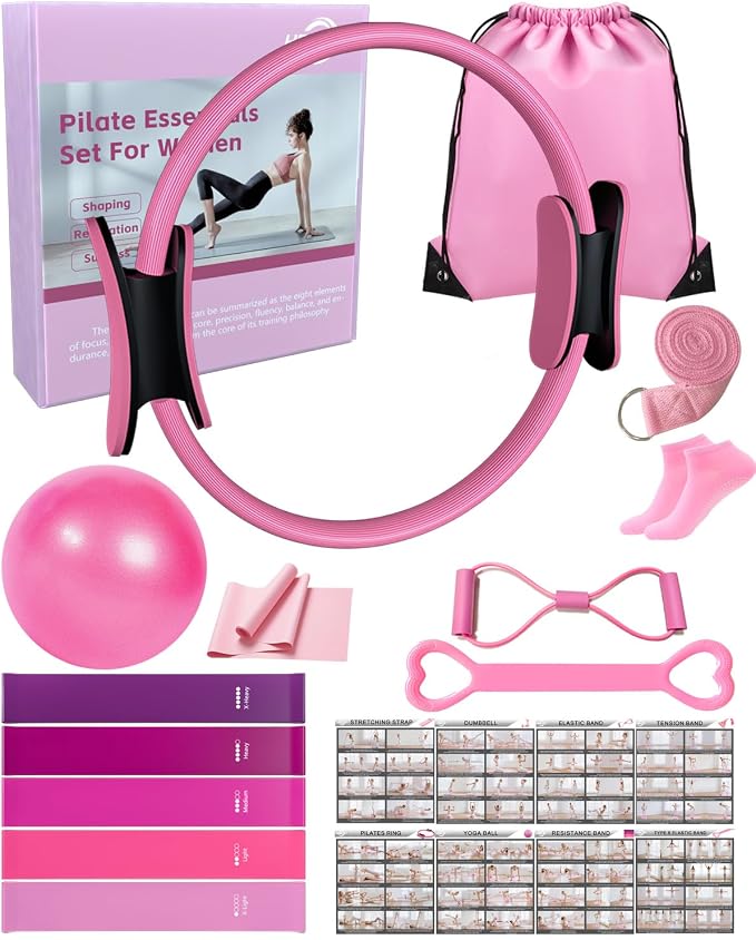 KABCON Pilates Kit for Home, Women Beginners Workout Essentials Set | 13" Ring, 9.8" Ball, Resistance Bands & Guide, 13/14/16 PCS Compact Pilates Equipment