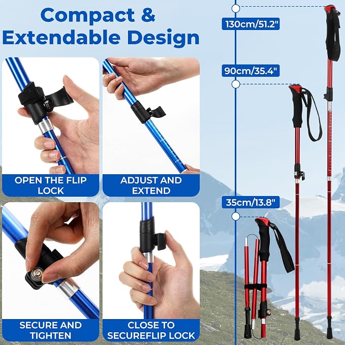 4 Pcs Trekking Poles Set, Collapsible Aluminum Hiking Poles, Adjustable Folding Trekking Sticks, Lightweight Travel Walking Sticks with Storage Bag for Adult Men Women